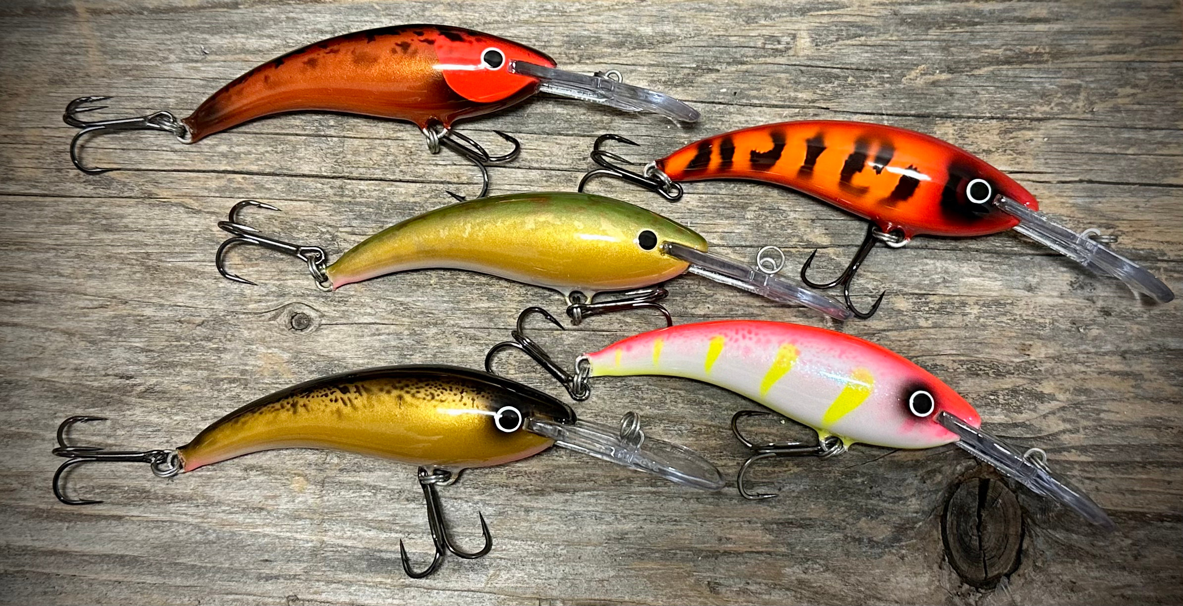 Colours from top to bottom: Metallic Man, Grong / Arvid, Green & Gold, Haloo! and Smoky Herring